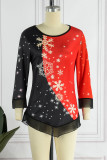 Red Casual Print Patchwork O Neck Tops