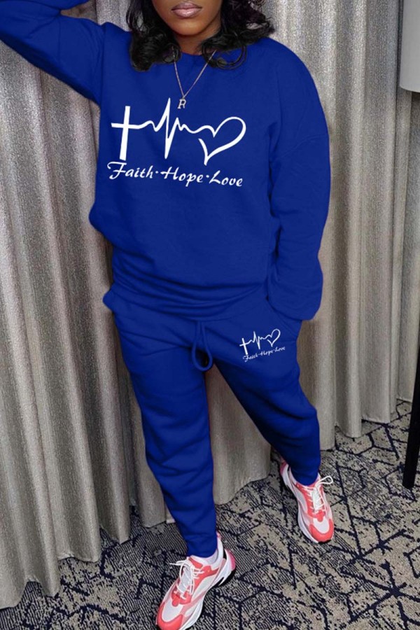 Blue Casual Print Basic O Neck Long Sleeve Two Pieces