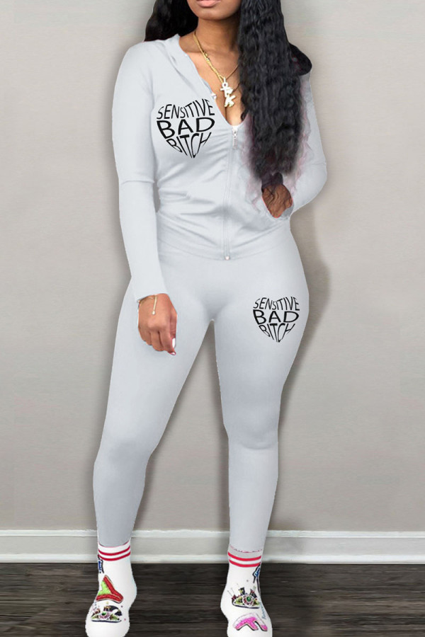 White Casual Print Patchwork Zipper Hooded Collar Long Sleeve Two Pieces