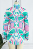 Rose Red Casual Print Patchwork Buckle Turndown Collar Tops