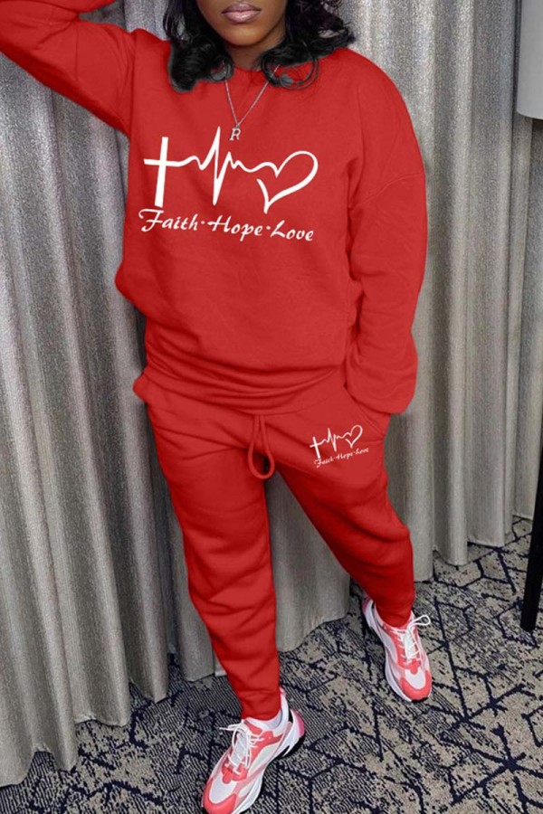 Red Casual Print Basic O Neck Long Sleeve Two Pieces