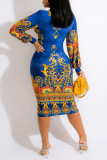Blue Sexy Print Patchwork V Neck Pencil Skirt Dresses