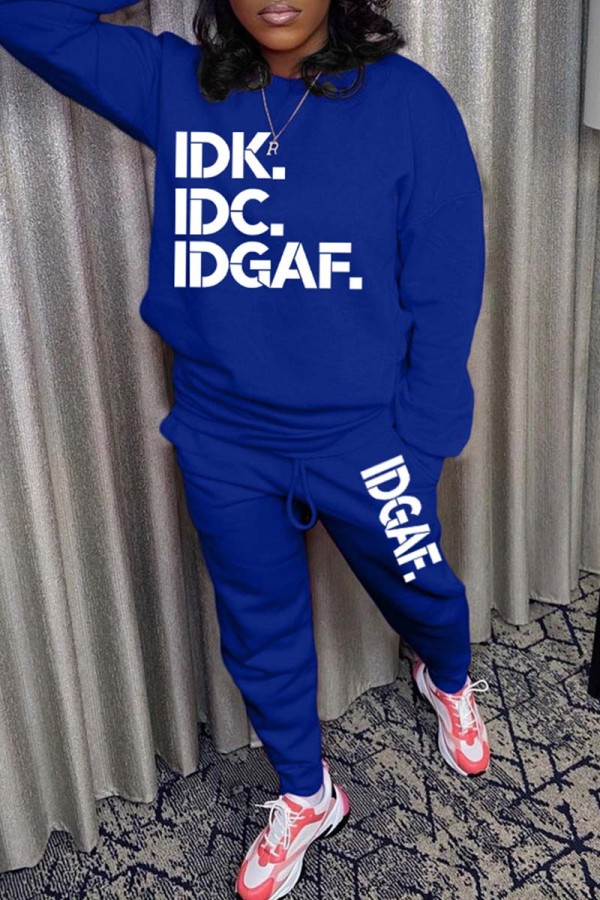 Blue Casual Letter Print Basic O Neck Long Sleeve Two Pieces