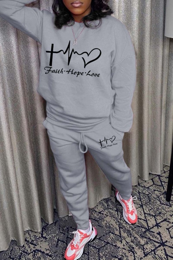 Grey Casual Print Basic O Neck Long Sleeve Two Pieces