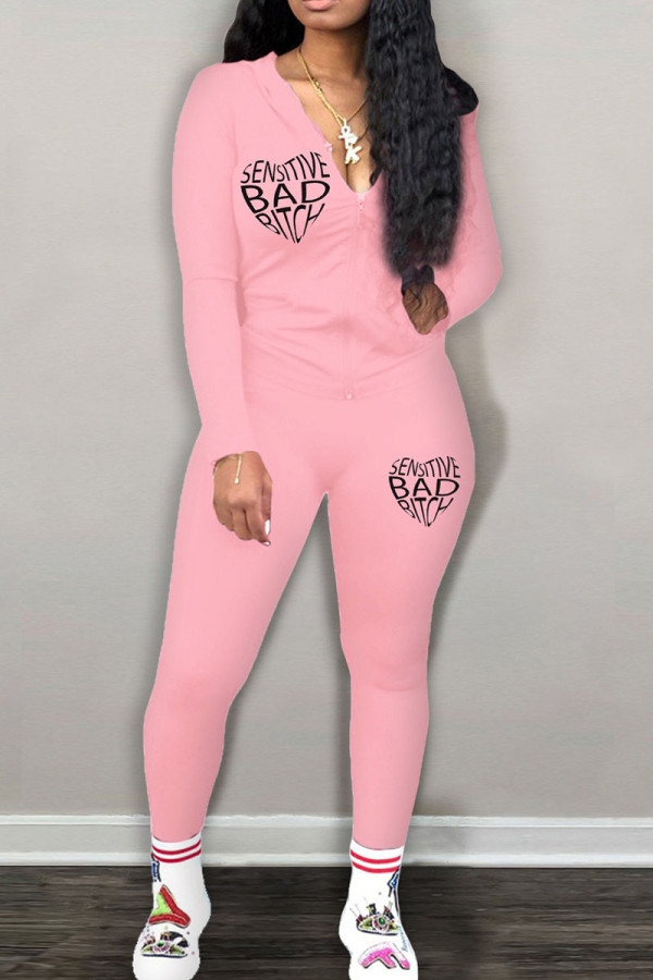 Pink Casual Print Patchwork Zipper Hooded Collar Long Sleeve Two Pieces