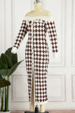 Coffee Elegant Print Patchwork Off the Shoulder Pencil Skirt Dresses