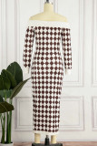 Coffee Elegant Print Patchwork Off the Shoulder Pencil Skirt Dresses