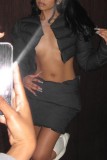 Black Casual Solid Basic Long Sleeve Two Pieces