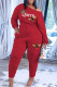 Red Casual Print Patchwork Oblique Collar Long Sleeve Two Pieces