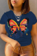 Navy Blue Street Vintage Butterfly Print Patchwork Letter O Neck T-Shirts