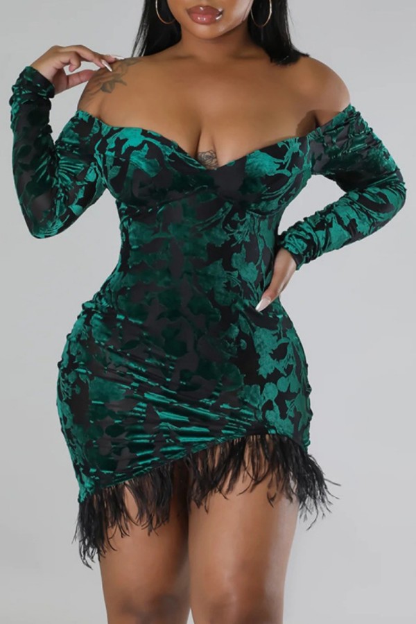 Green Sexy Solid Patchwork Feathers Backless Off the Shoulder Long Sleeve Dresses