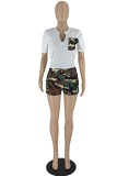 Red Casual Camouflage Print Patchwork V Neck Short Sleeve Two Pieces