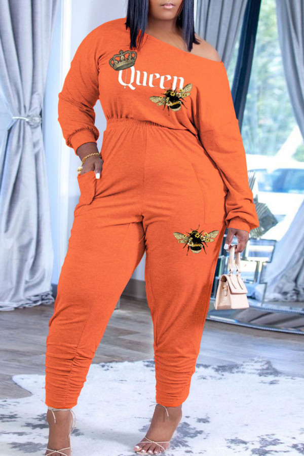 Orange Casual Print Patchwork Oblique Collar Long Sleeve Two Pieces