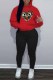 Red Street Print Patchwork Hooded Collar Long Sleeve Two Pieces