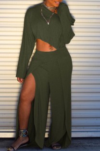 Green Casual Solid Patchwork Slit Oblique Collar Long Sleeve Two Pieces
