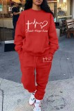Red Casual Print Basic O Neck Long Sleeve Two Pieces