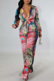 Multicolor Sexy Print Bandage Patchwork V Neck Long Sleeve Two Pieces