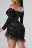 Green Sexy Solid Patchwork Feathers Backless Off the Shoulder Long Sleeve Dresses