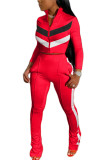 Red Fashion Casual adult Ma'am Striped Patchwork Zippered Two Piece Suits Straight Long Sleeve Two Pieces