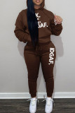 Dark Brown Casual Letter Print Basic Hooded Collar Long Sleeve Two Pieces