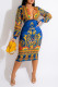 Blue Sexy Print Patchwork V Neck Pencil Skirt Dresses