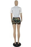 Red Casual Camouflage Print Patchwork V Neck Short Sleeve Two Pieces