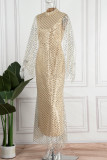 Gold Elegant Solid Sequins Patchwork O Neck Evening Dress Dresses
