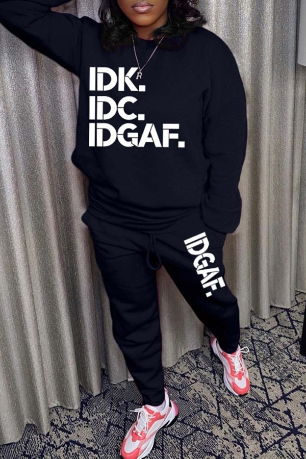 Black Casual Letter Print Basic O Neck Long Sleeve Two Pieces