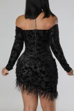 Green Sexy Solid Patchwork Feathers Backless Off the Shoulder Long Sleeve Dresses