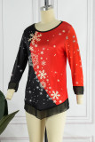 Red Casual Print Patchwork O Neck Tops