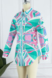 Rose Red Casual Print Patchwork Buckle Turndown Collar Tops