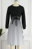 Black Casual Striped Print Patchwork O Neck A Line Dresses