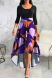 Black Purple Casual Print Patchwork O Neck Straight Dresses