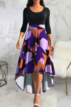 Black Purple Casual Print Patchwork O Neck Straight Dresses
