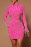 Rose Red Sexy Patchwork Tassel Hollowed Out Beading Turtleneck Long Sleeve Dresses