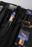 Deep Blue Fashion Casual Print Basic Regular Trousers