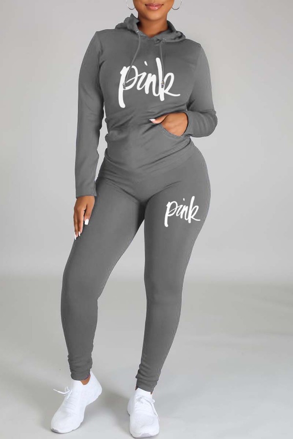 Grey Casual Letter Print Basic Hooded Collar Long Sleeve Two Pieces