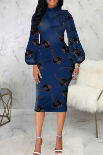 Blue Casual Print Patchwork With Bow Half A Turtleneck Dresses