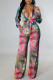 Multicolor Sexy Print Bandage Patchwork V Neck Long Sleeve Two Pieces