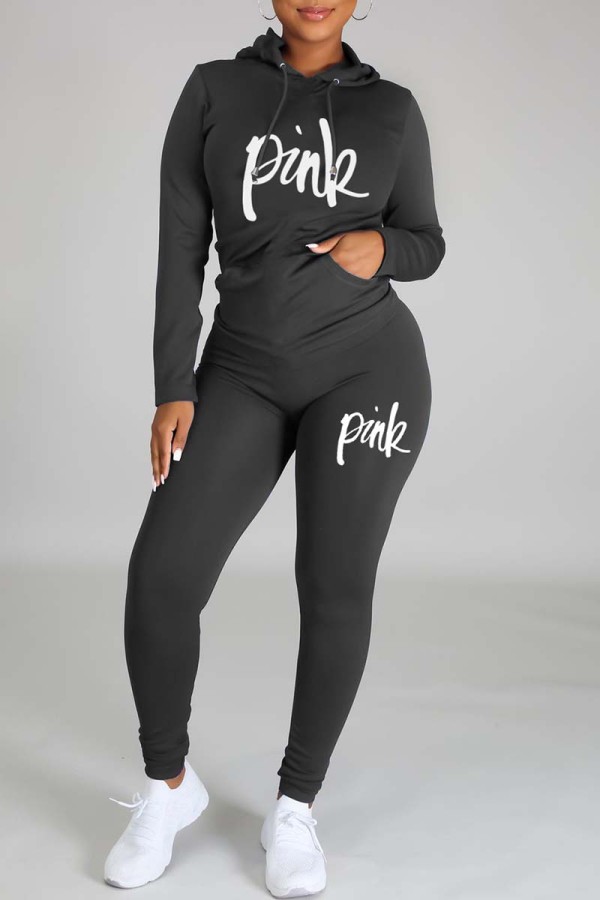 Black Casual Letter Print Basic Hooded Collar Long Sleeve Two Pieces