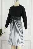 Black Casual Striped Print Patchwork O Neck A Line Dresses