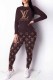 Dark Brown Casual Print Letter O Neck Long Sleeve Two Pieces