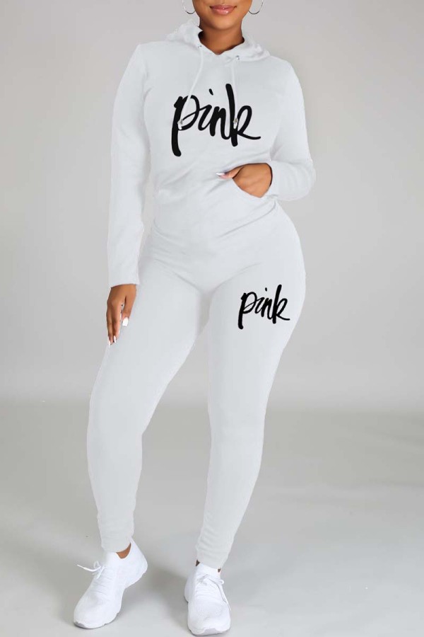 White Casual Letter Print Basic Hooded Collar Long Sleeve Two Pieces