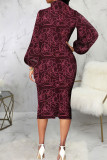 Burgundy Casual Print Patchwork With Bow Half A Turtleneck Dresses