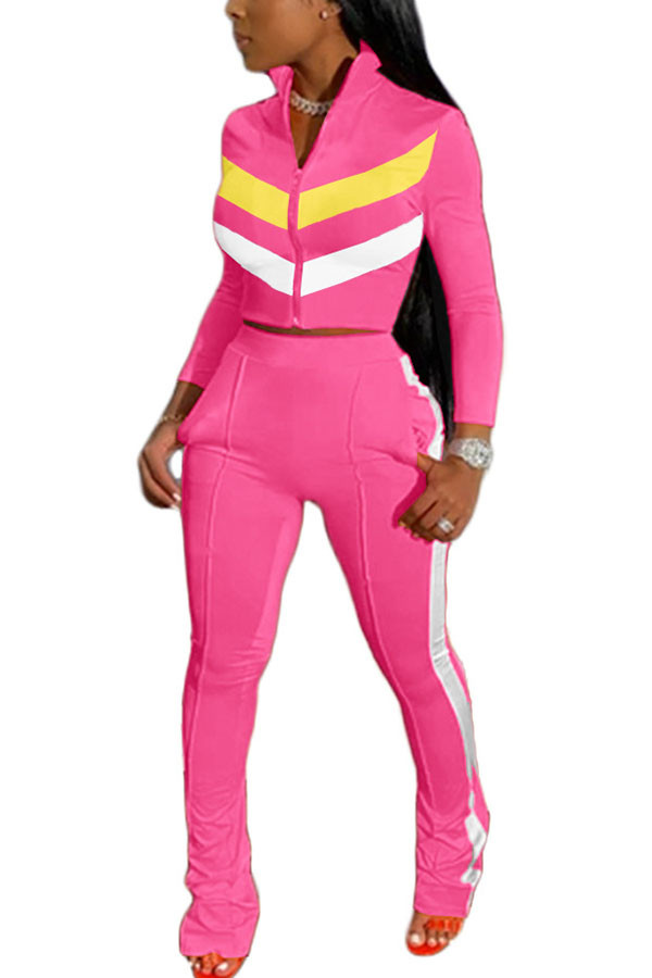 Pink Fashion Casual adult Ma'am Striped Patchwork Zippered Two Piece Suits Straight Long Sleeve Two Pieces