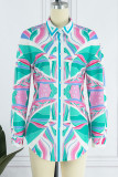 Rose Red Casual Print Patchwork Buckle Turndown Collar Tops