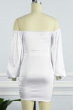 White Sexy Solid Patchwork Backless Fold Off the Shoulder Long Sleeve Dresses