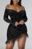 Green Sexy Solid Patchwork Feathers Backless Off the Shoulder Long Sleeve Dresses