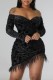 Black Sexy Solid Patchwork Feathers Backless Off the Shoulder Long Sleeve Dresses