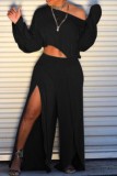 Black Casual Solid Patchwork Slit Oblique Collar Long Sleeve Two Pieces